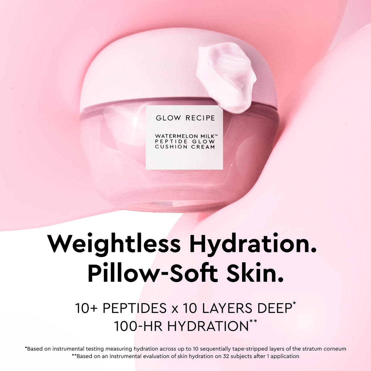 Glow Recipe Watermelon Milk Peptide Cushion Cream infographic introducing the fragrance-free, silicone-free formula