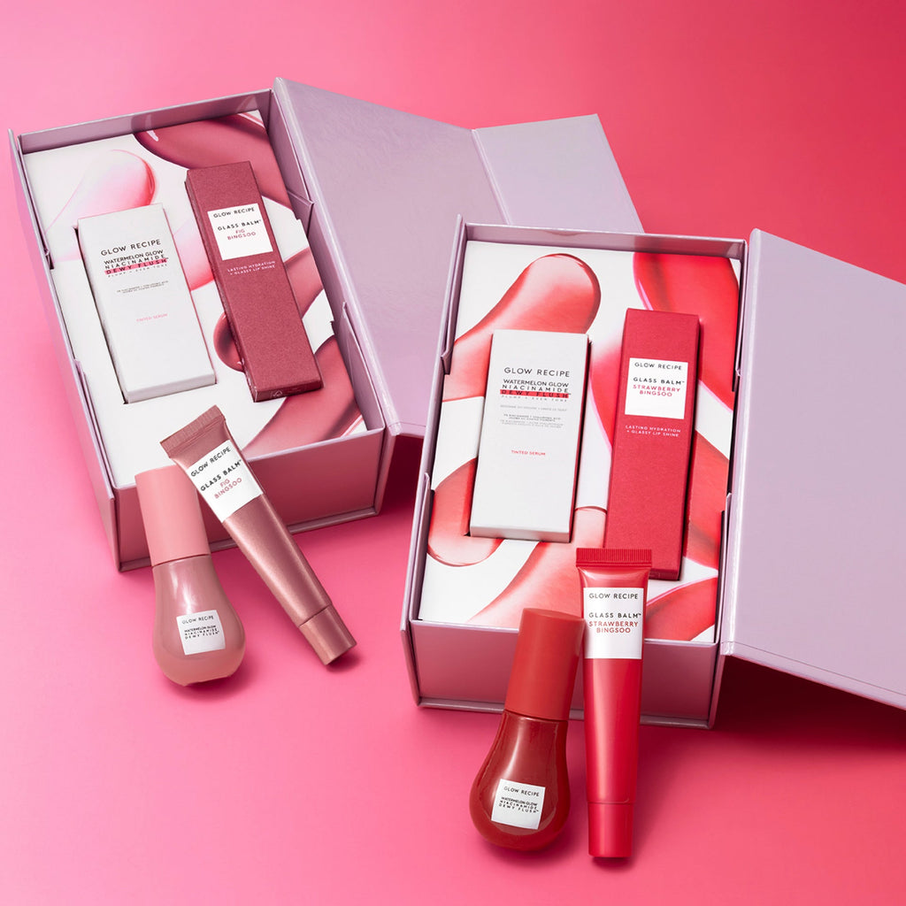 Alternate angle of the Strawberry + Cherry Lip & Cheek Kit with the cheek and lip tints set side by side.