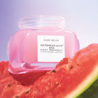 Infographic explaining how Glow Recipe's Watermelon Glow AHA Night Treatment exfoliates overnight without irritation.
