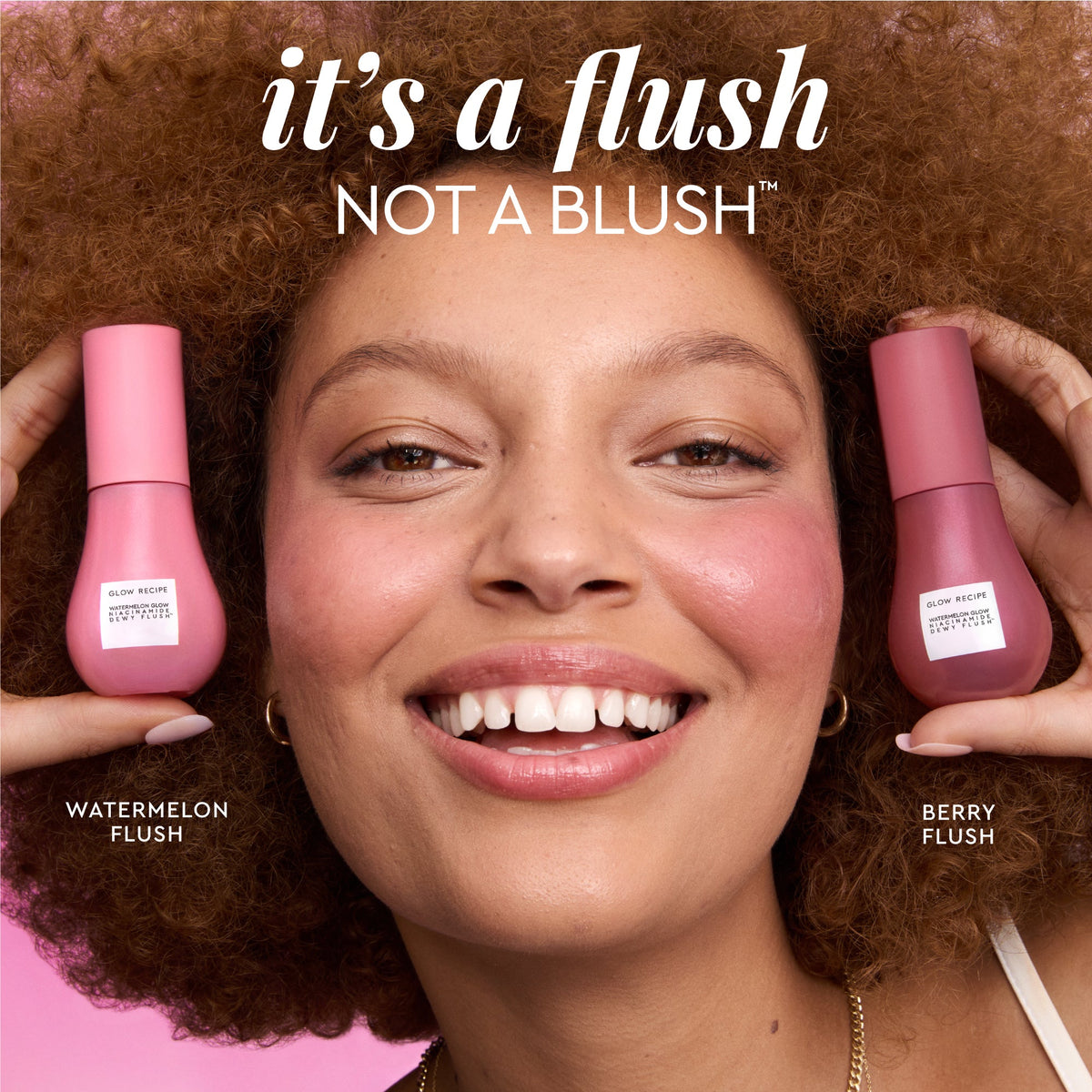 A before-and-after image shows bare cheeks warmed by a single sheer layer of Berry Flush.