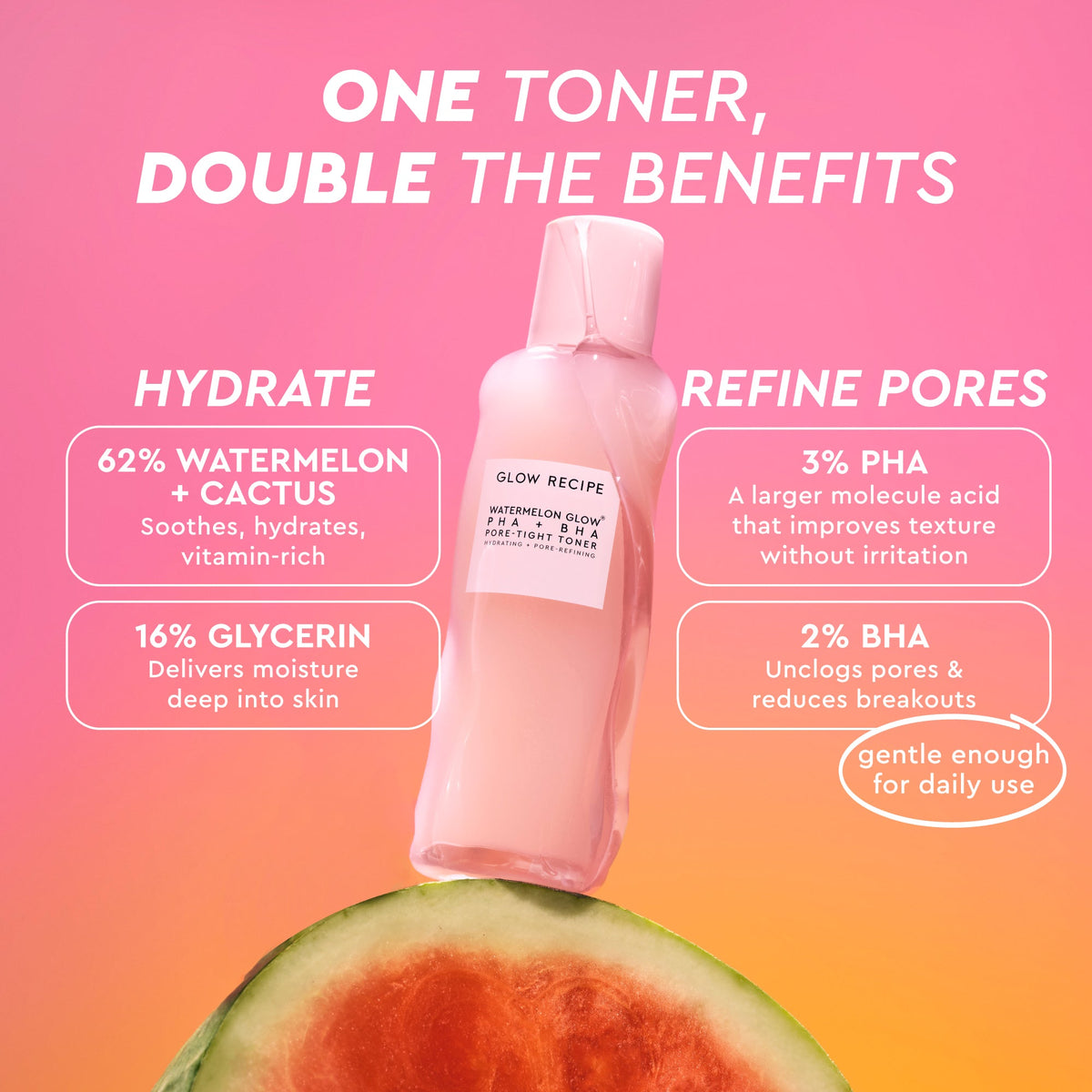 Glow Recipe Dew It Yourself Toner Pads Masking Kit infographic listing benefits of the PHA+BHA pore-tight toner.