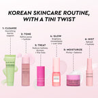 Infographic introducing the GlowTinis kit's six-step Korean skincare routine using seven travel-size essentials.