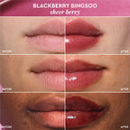 Before-and-after comparison graphic for lips wearing Glass Balm in Blackberry Bingsoo, a sheer berry shade.
