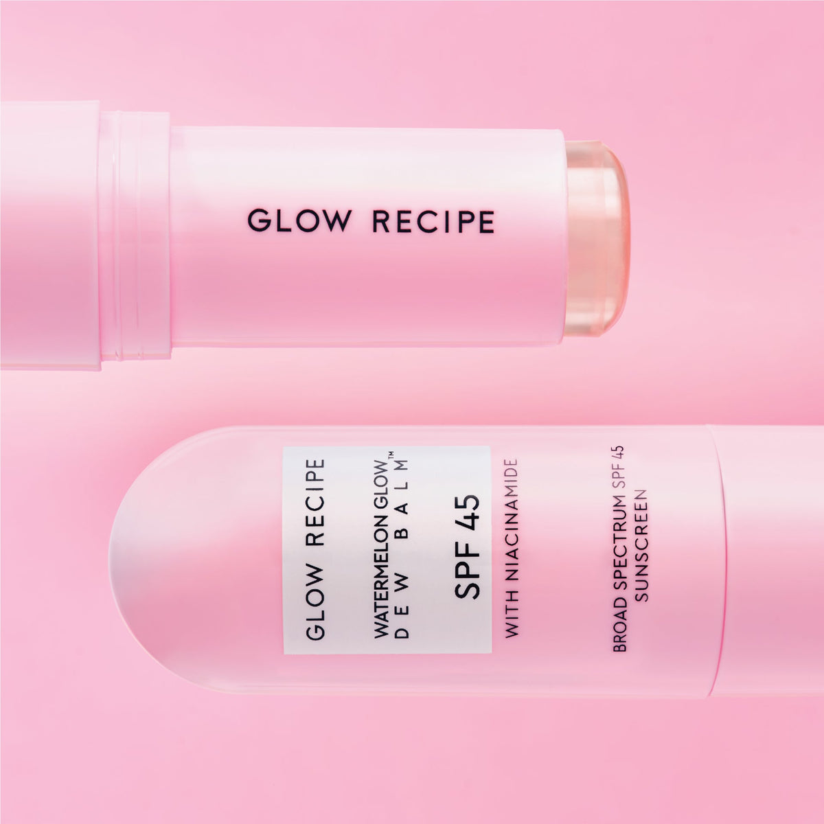 Glow Recipe Watermelon Glow Niacinamide Dew Balm SPF 45 shown with niacinamide called out for evening tone and hyperpigmentation.